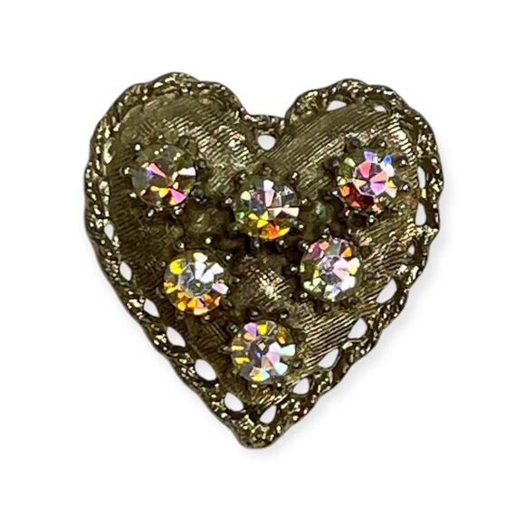 Stunning Vintage Heart Shaped Rainbow Rhinestone Brooch Pin Gold Tone - Picture 1 of 2
